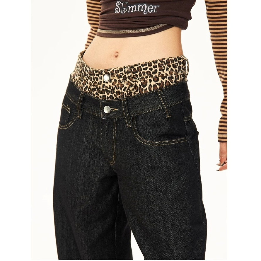 Leopard Print Double-Waist Loose Jeans MW10166