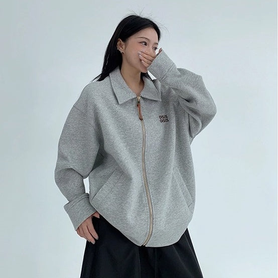 Drop Shoulder Embroidered Lapel Sweat Jacket OS2040
