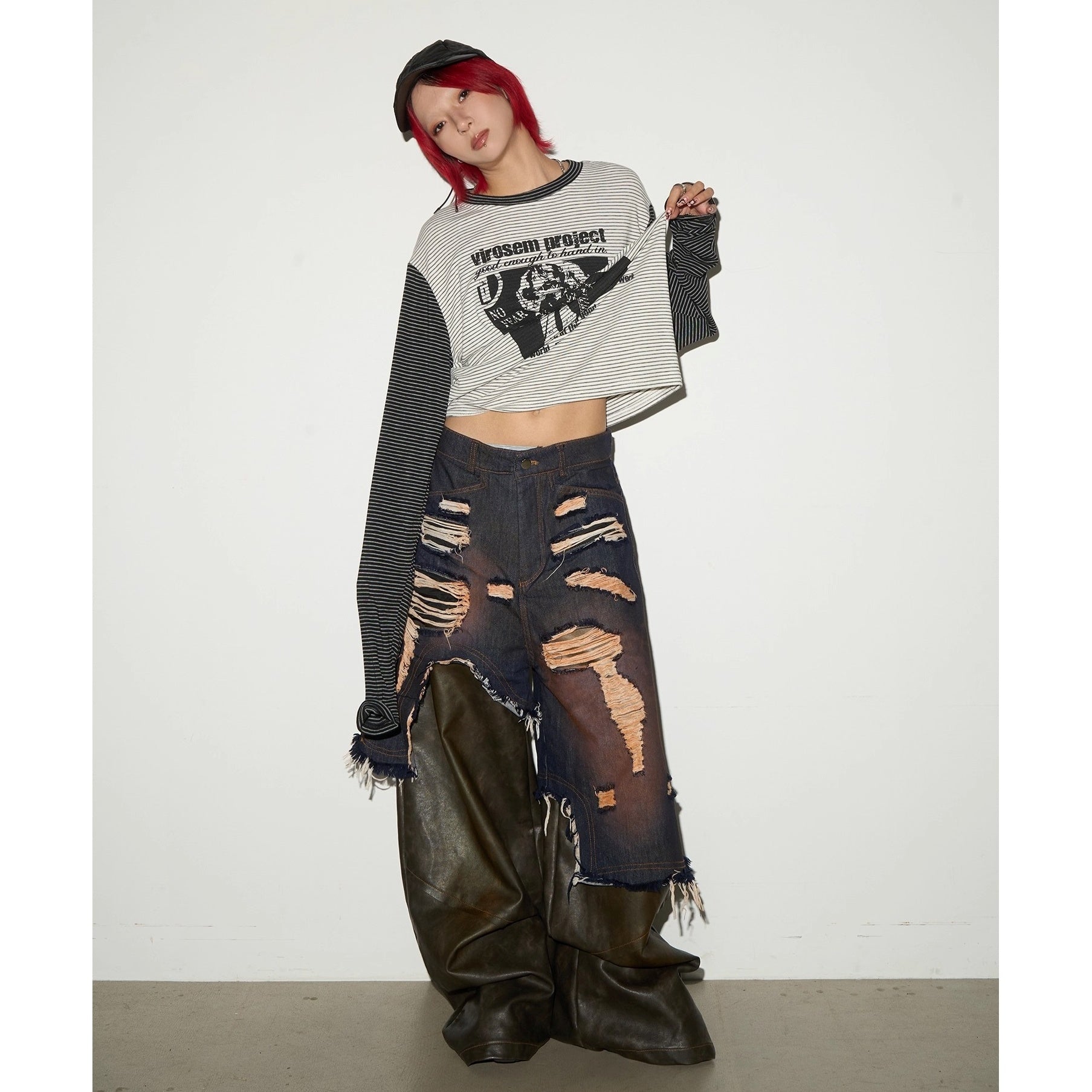 Character Print Patchwork Border Long Sleeve T-shirt MN9030
