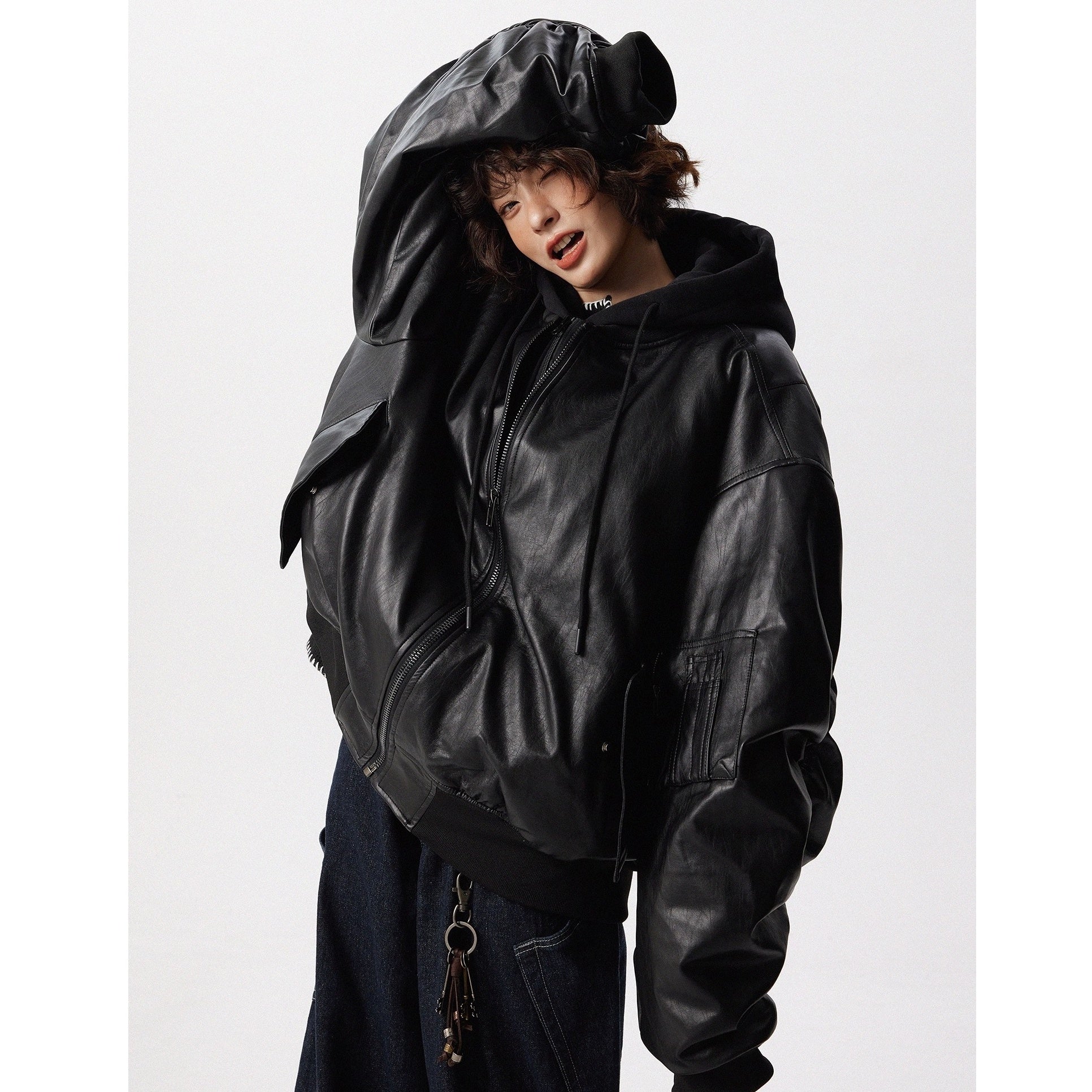 Fake Layered Design Hooded PU Leather Jacket MW10297