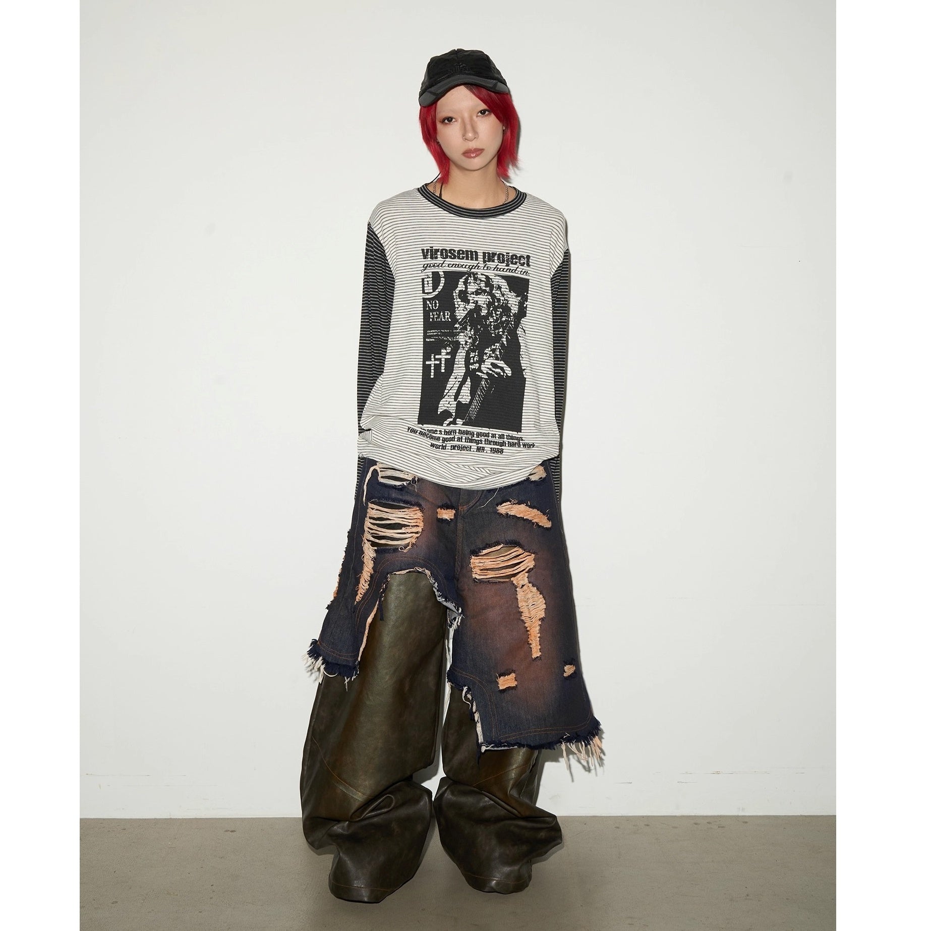 Wide-leg Spliced Leather Denim Pants MN9028