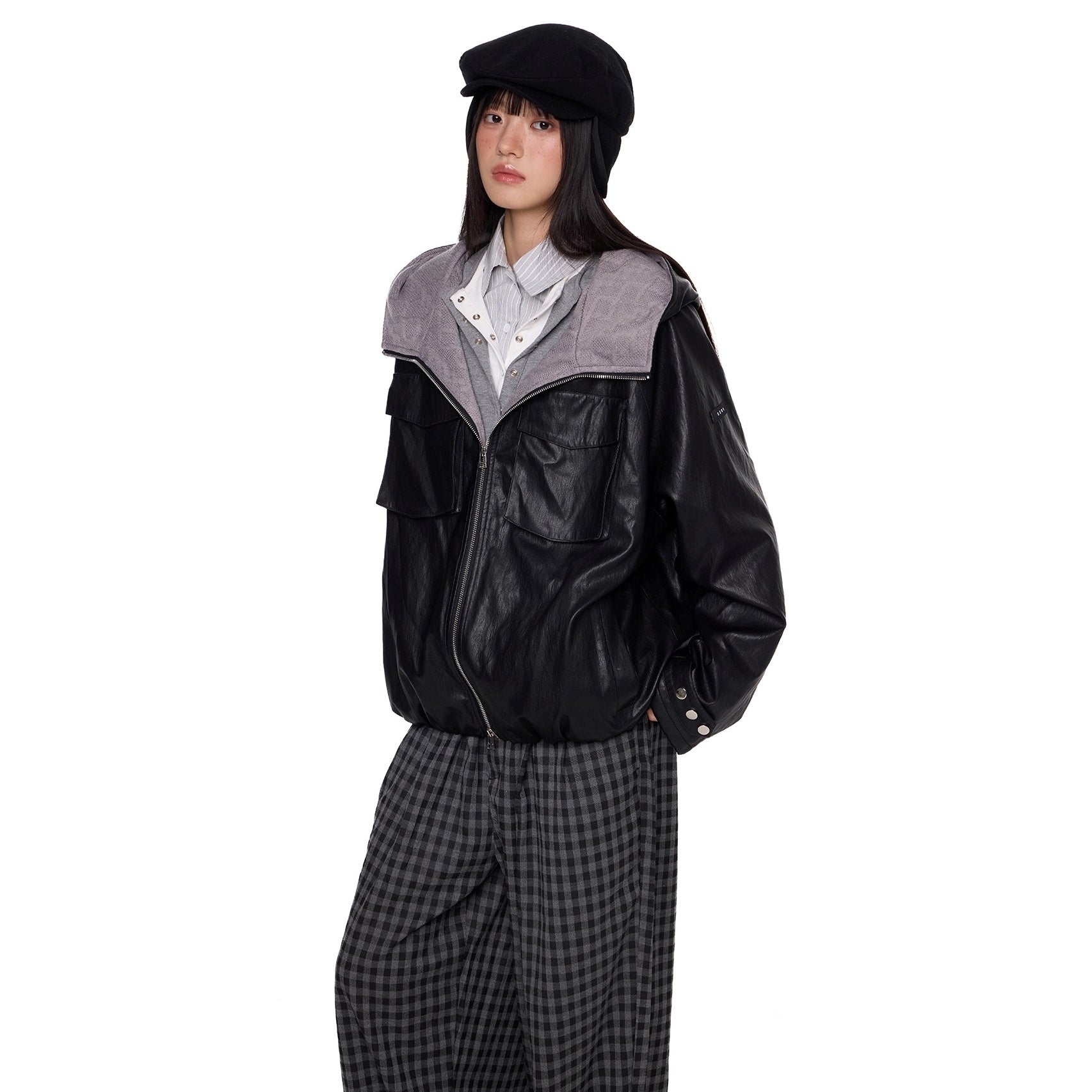 Zipper Split Hood PU Leather Jacket EZ261