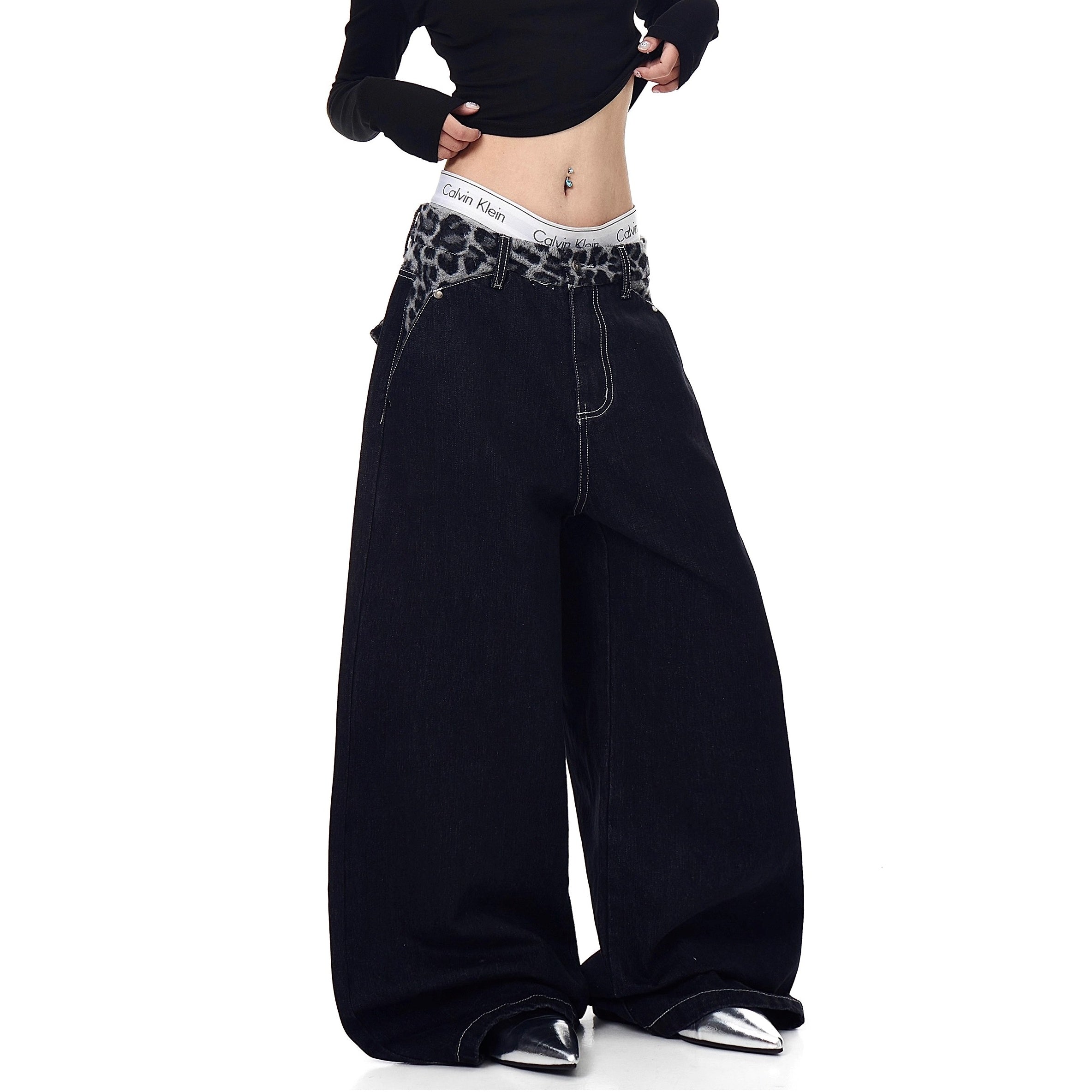 Plush Leopard Print Stitching Scimitar Jeans BK7045