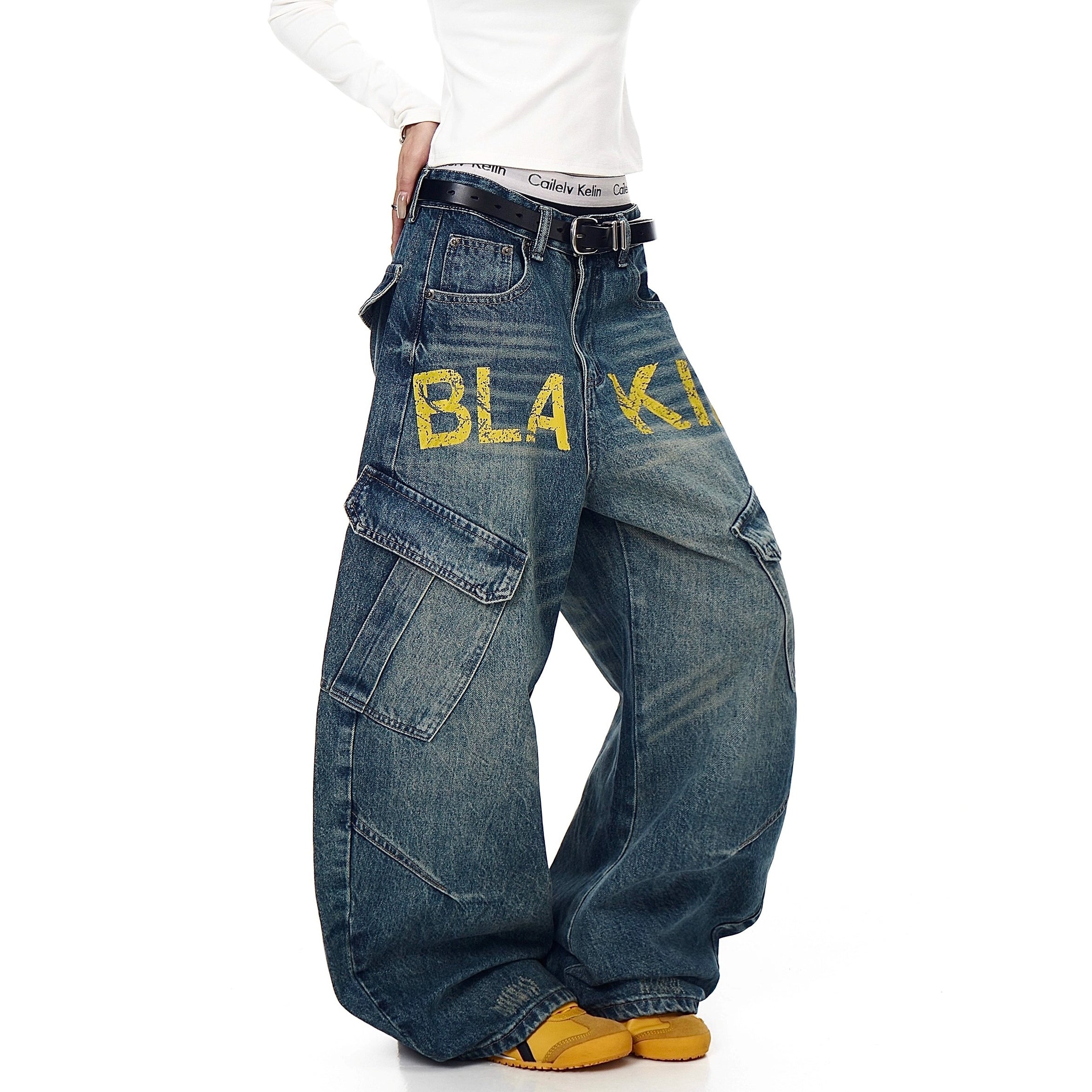 Monogram Print Vintage Scimitar Cargo Jeans BK7034