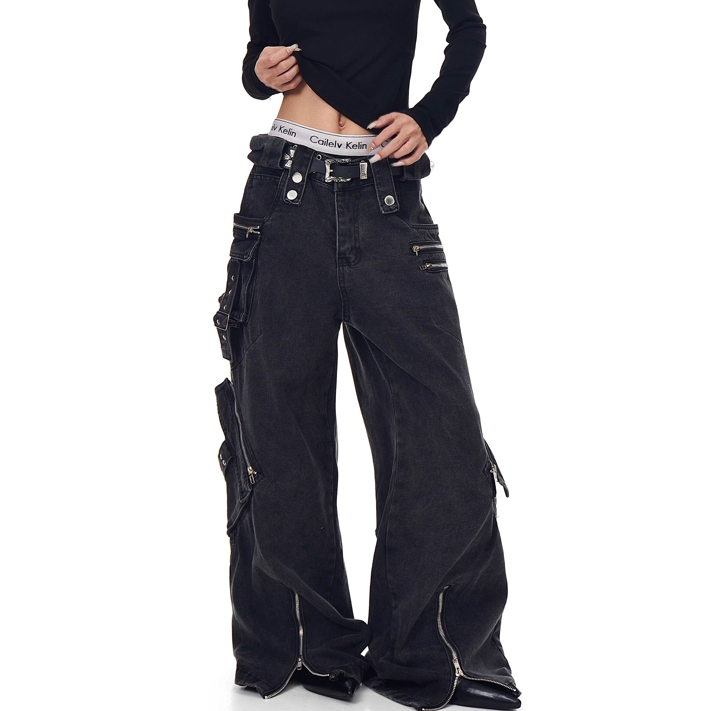 Heavy Washed Zipper Design Cargo Jeans BK7023