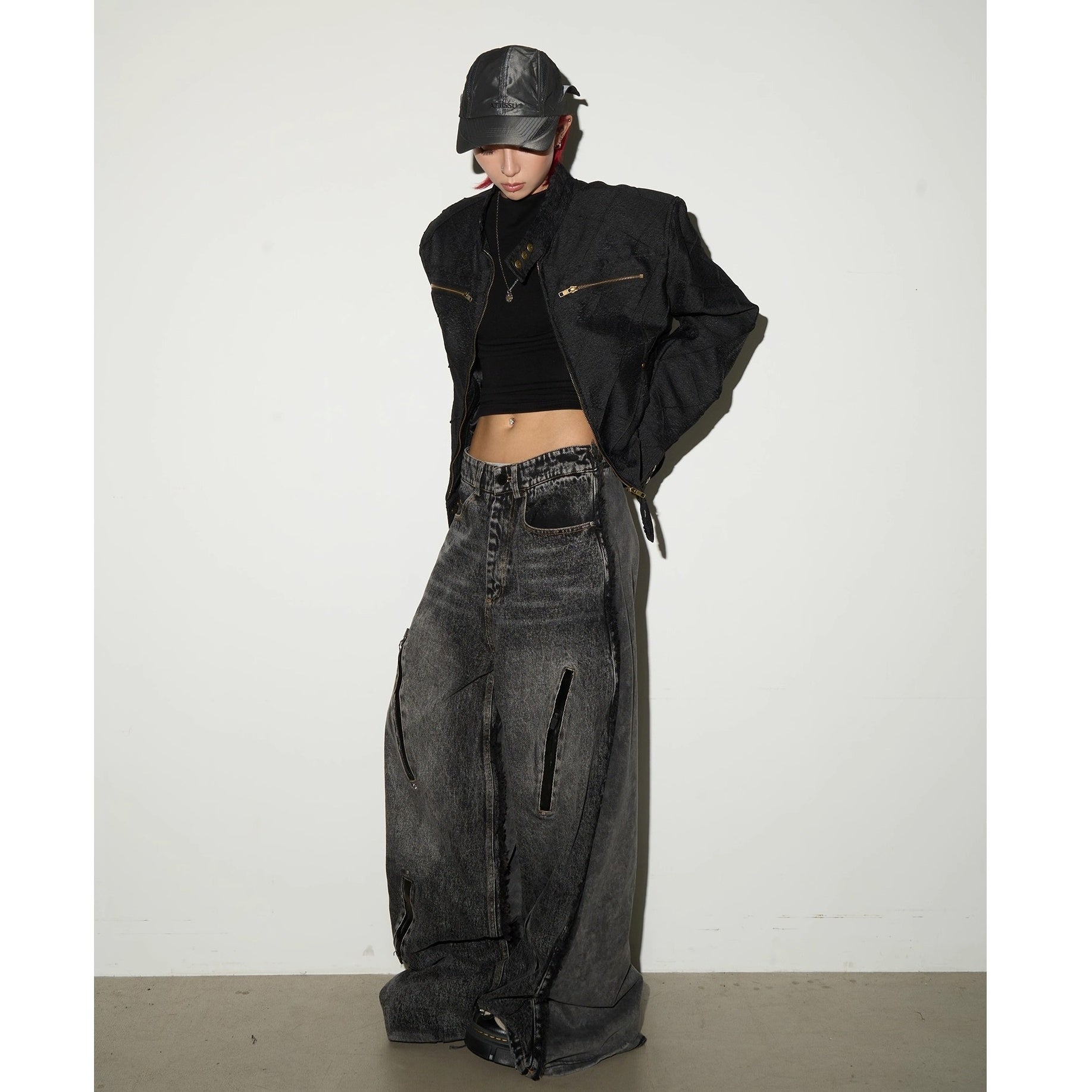Raw Edge Zip Accent Wide Jeans MN9045