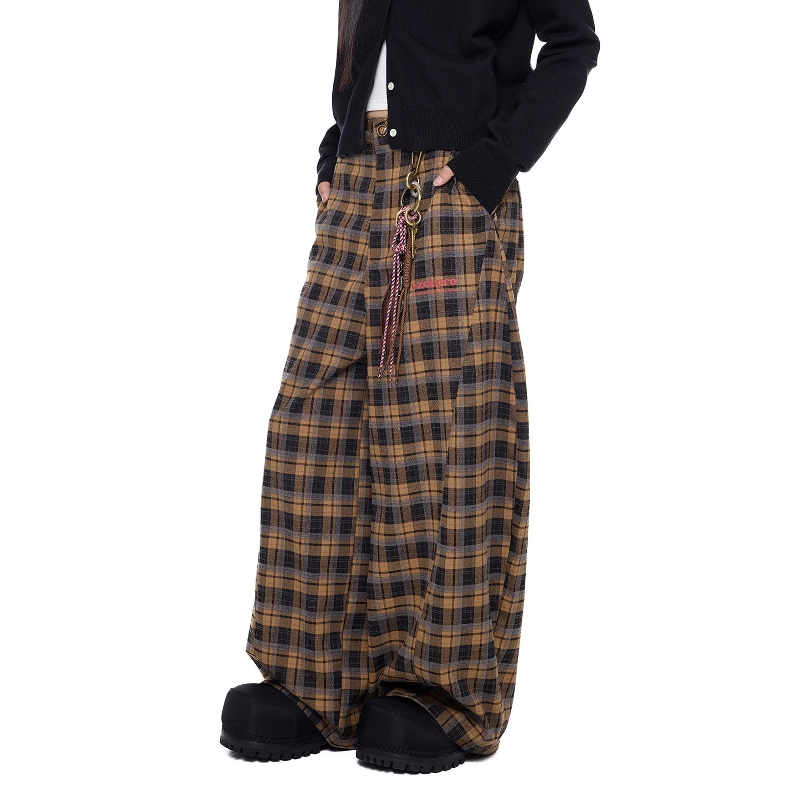 Retro Plaid Switching Wide Curve Pants EZ268