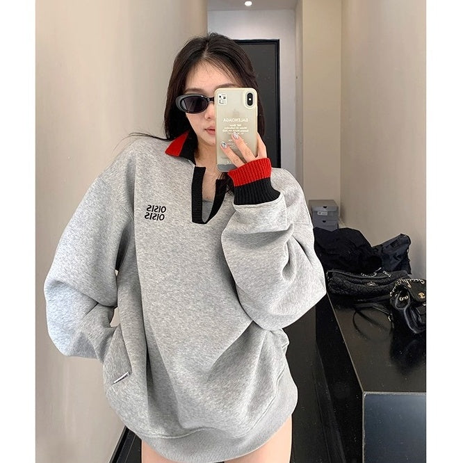 Contrast Polo Collar Loose Sweat OS2045