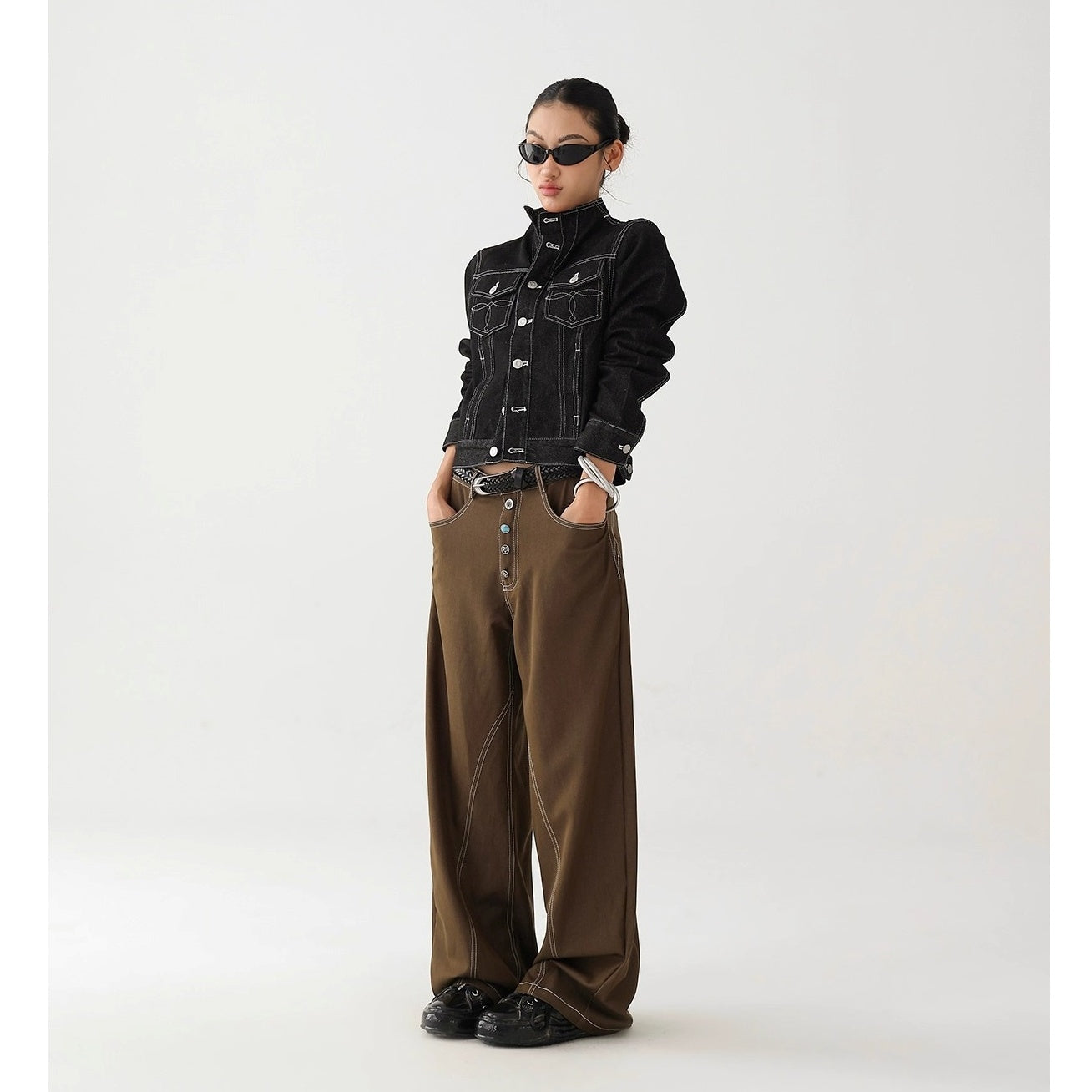 Button  Wide-leg Stitch Pants AC7130