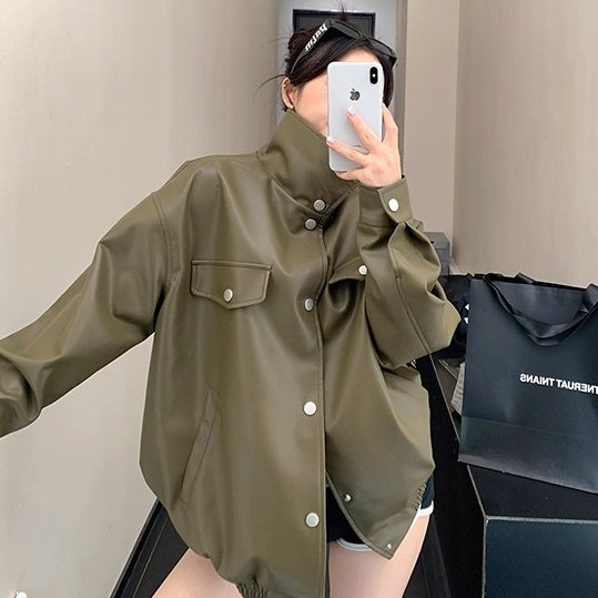 High-Neck PU Leather Jacket OS2046