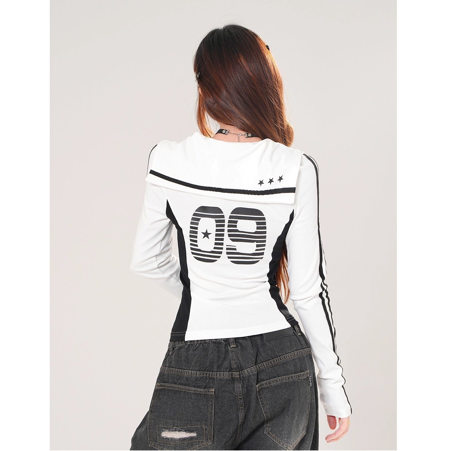 Sailor Collar Long-sleeved Bicolor T-shirt KK2079