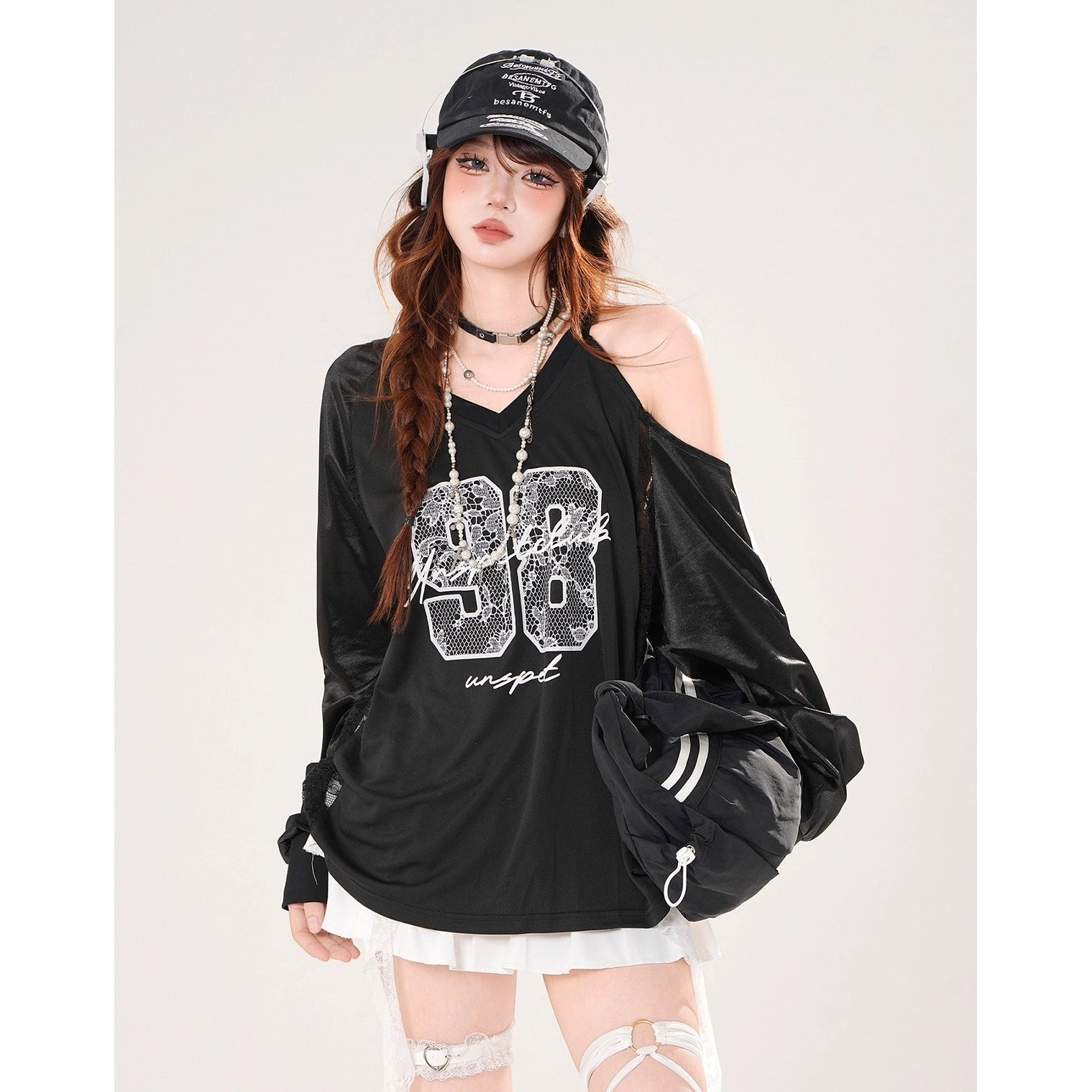 Lace Embroidered Cut-shoulder Loose V-neck Top KK2075