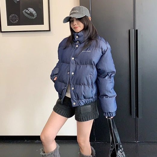 Denim Fabric Cropped Puffer Jacket OS2062