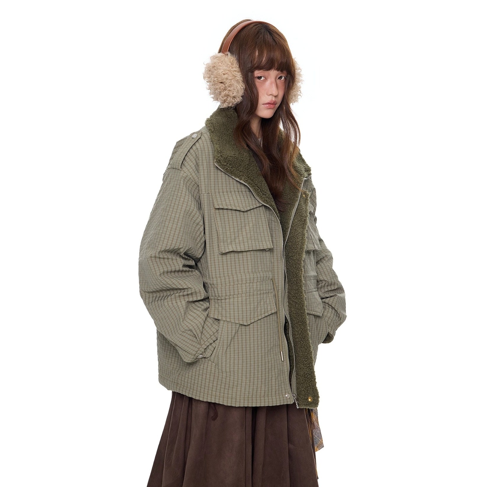 Fluffy Plaid Cargo Pocket Padded Jacket EZ284