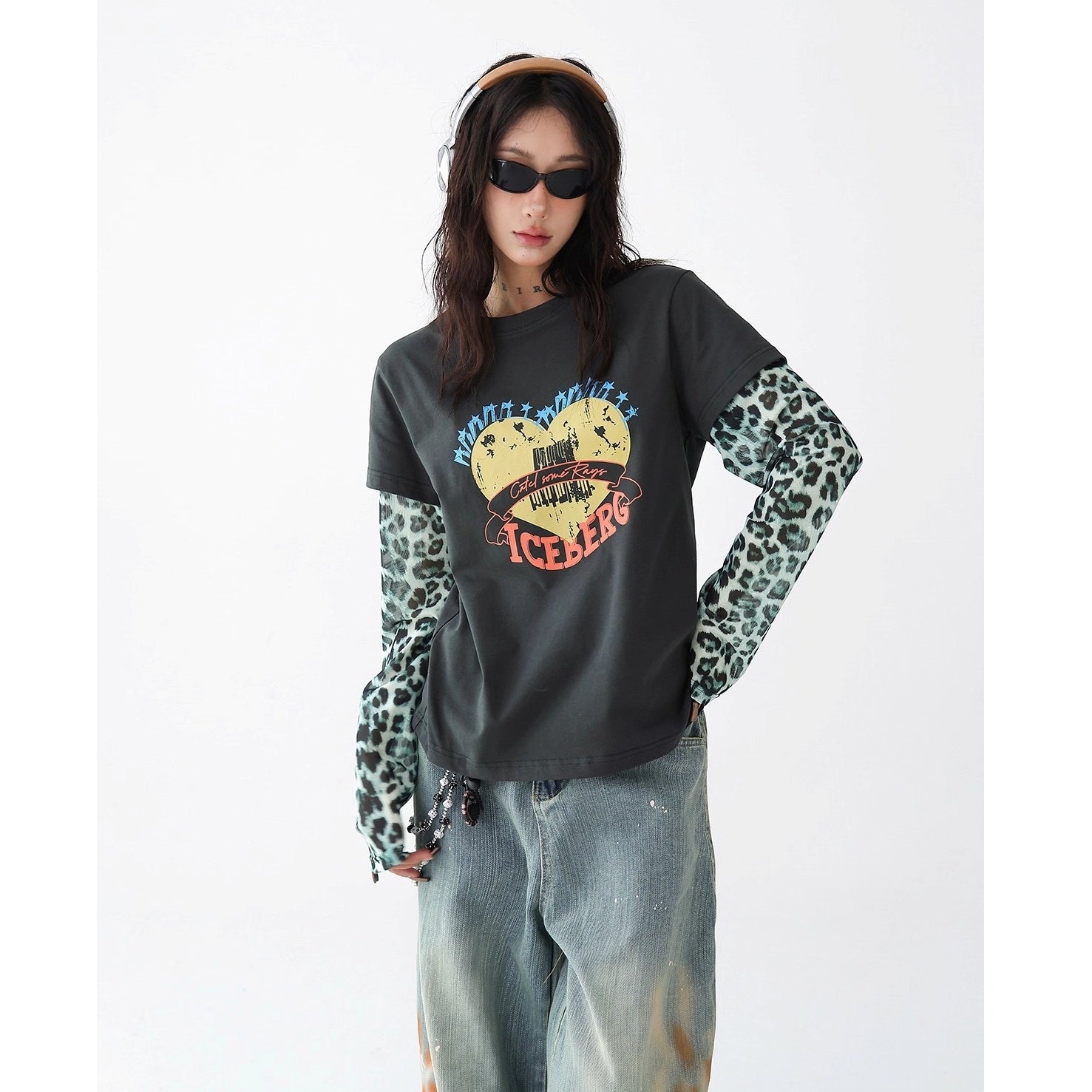 Leopard Print Stitched Fake Layered Long Sleeve T-Shirt AC7140