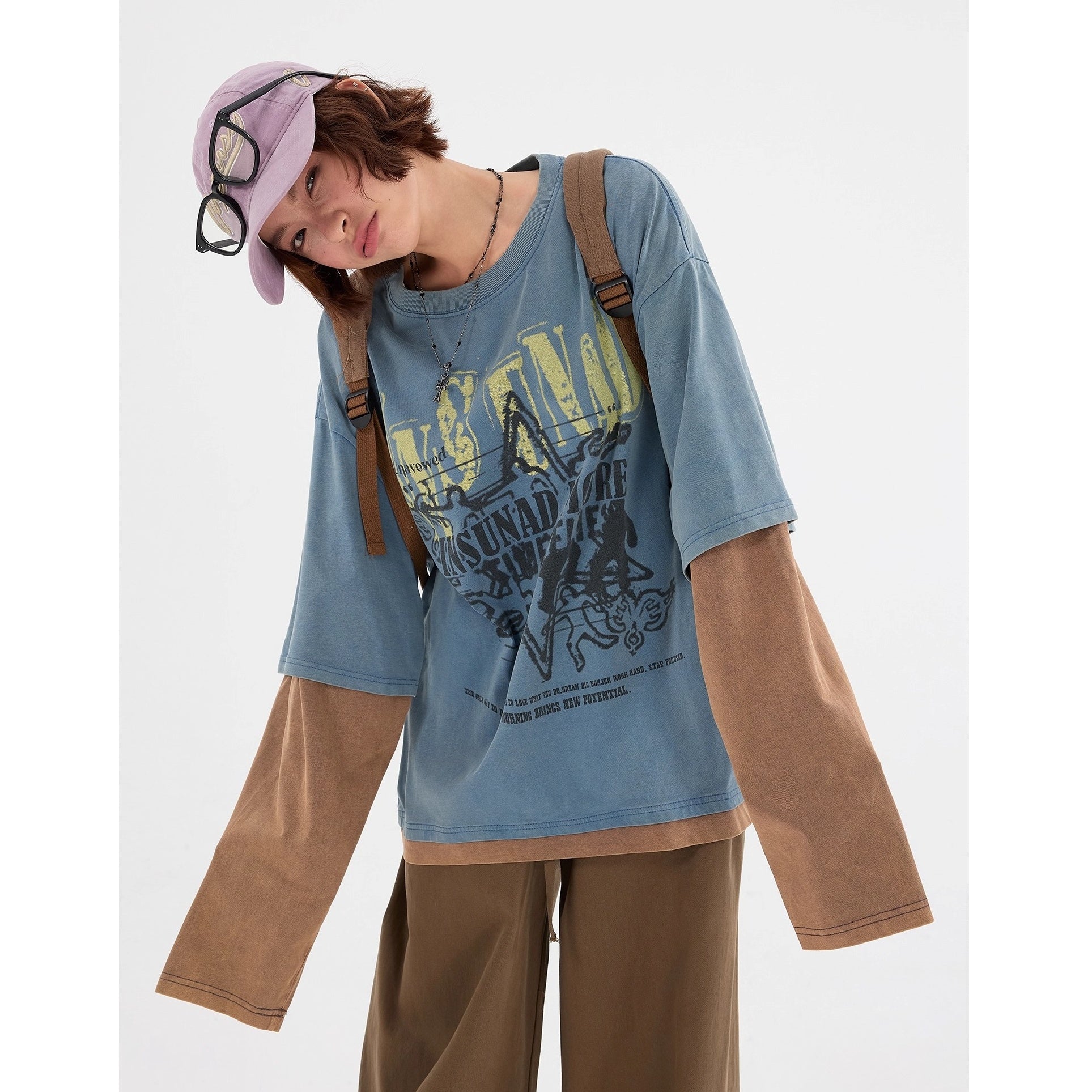 Graffiti Print Fake Layered Long-sleeved T-shirts MW10241