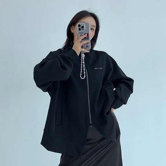 Double Zipper Stand Collar Loose Jacket OS2041