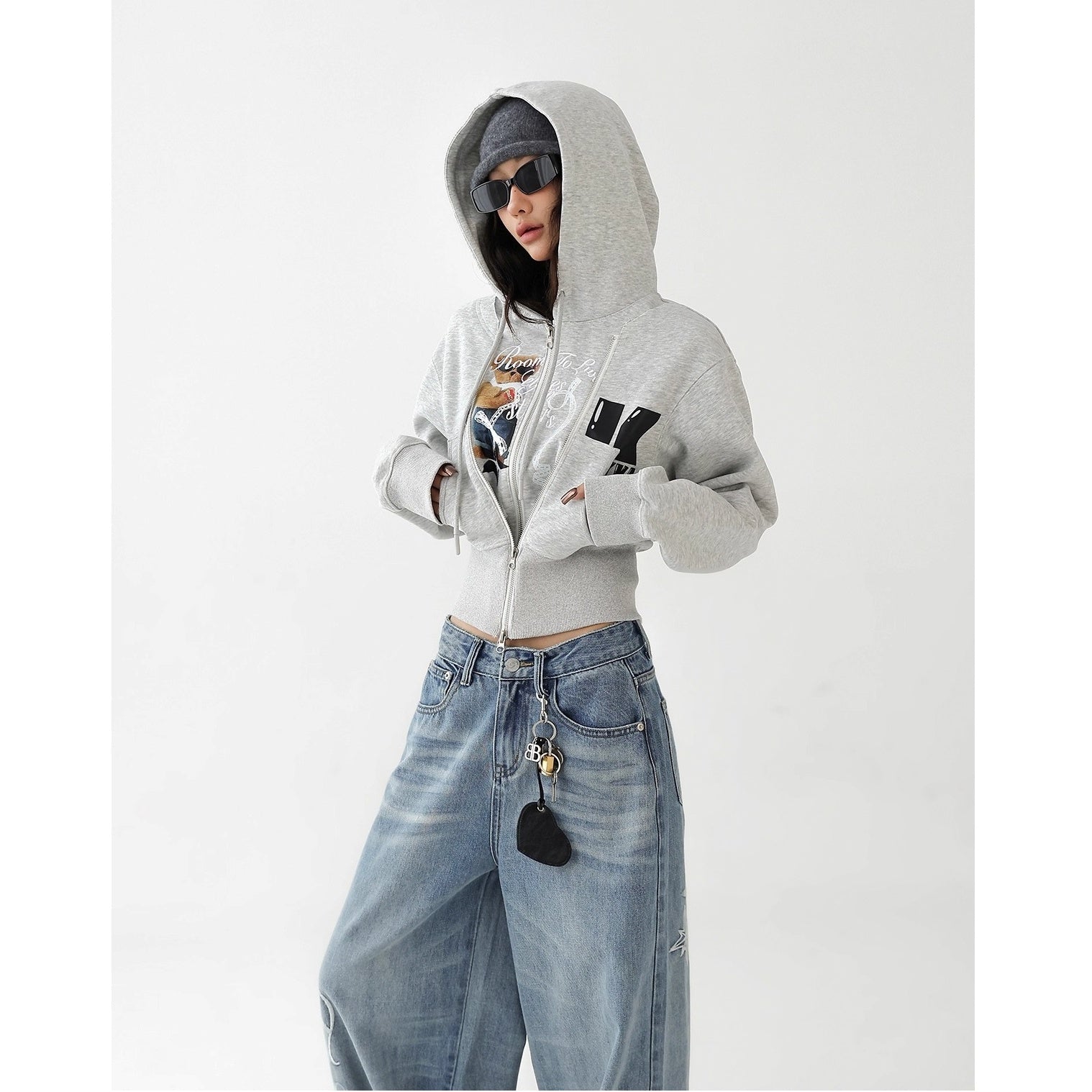Fake Layered Bear Letter Embroidery Hooded Jacket AC7135