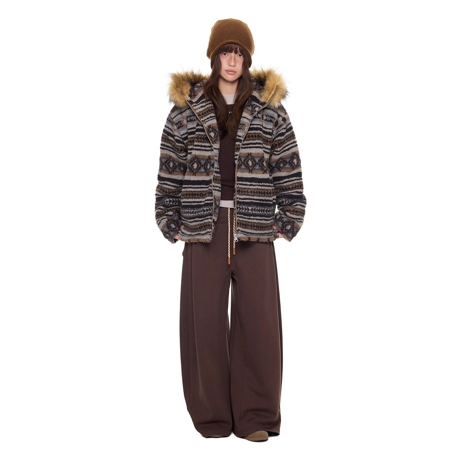 Ethnic Pattern Fur Collar Hooded Jacket EZ280