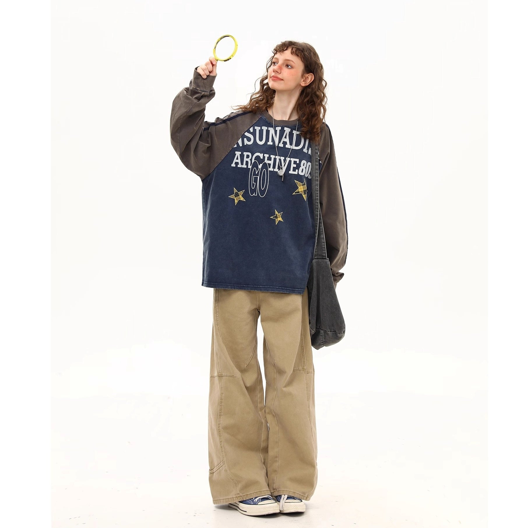 Retro Washed  Raglan Long Sleeve Print T-shirt MW10250
