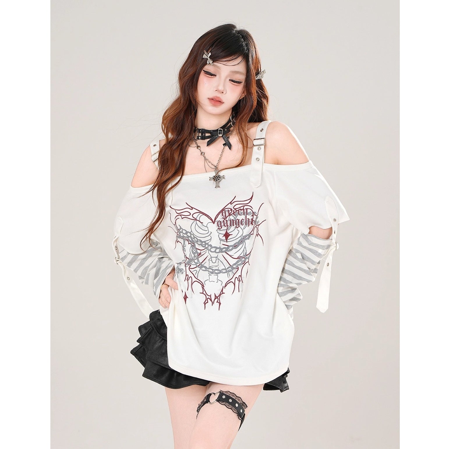 Off-shoulder Loose Long Border Sleeve T-shirt KK2078