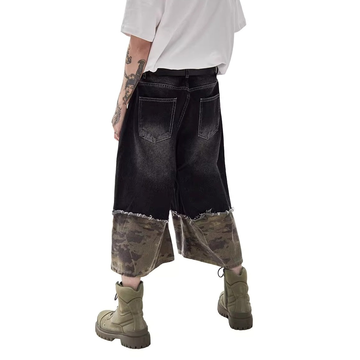 Stitching Camouflage Loose Denim Half Pants MW10218