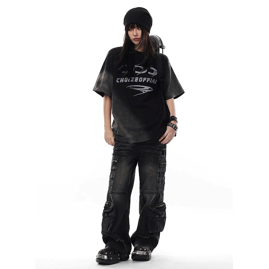 Wash Gradient Letter T-Shirt VI2001