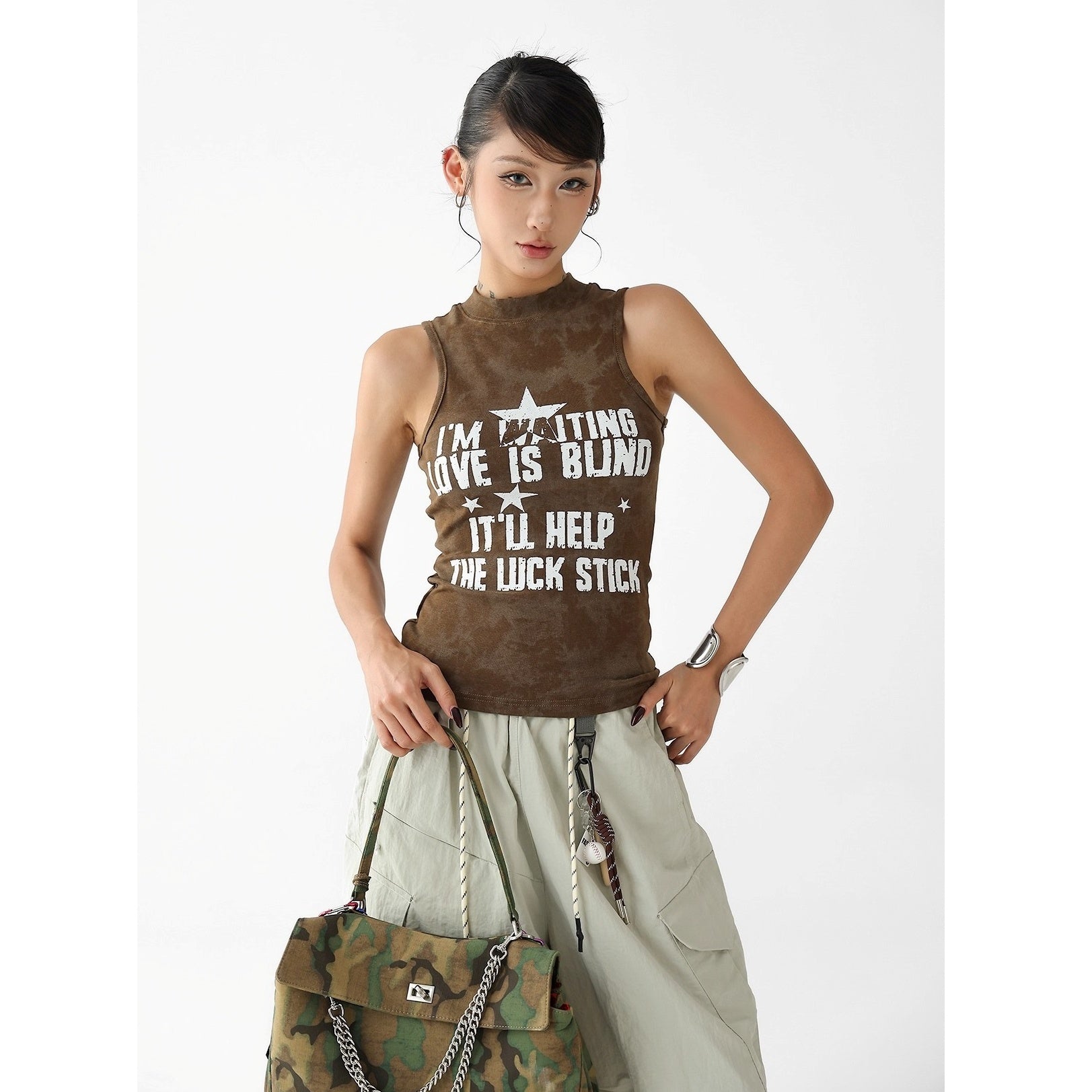 Letter Print Camouflage Stretch Sleeveless Top AC7117