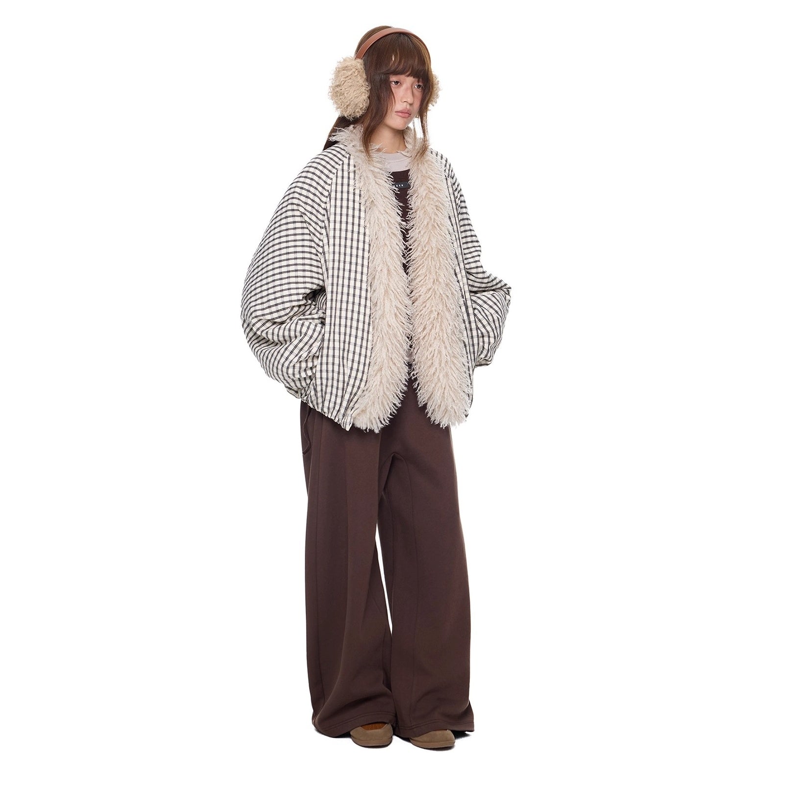 Plaid Fur No-Collar Padded Jacket EZ292