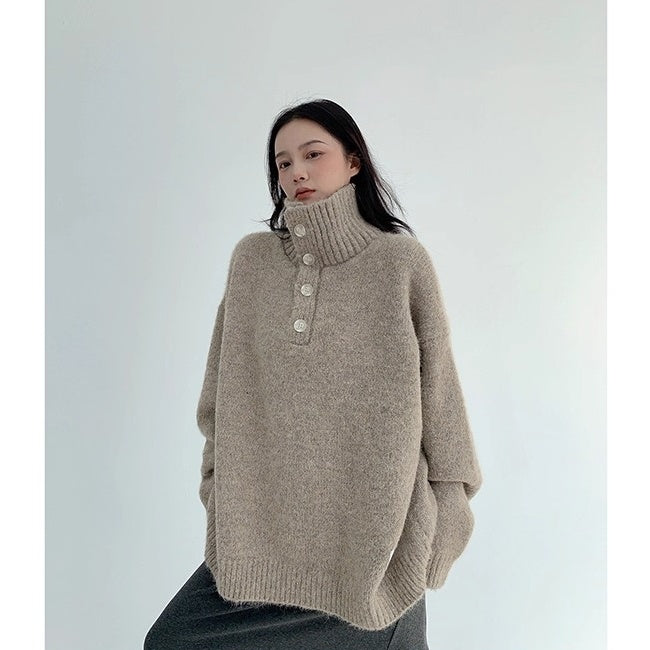 High Neck Half-Button Loose Sweater OS2054