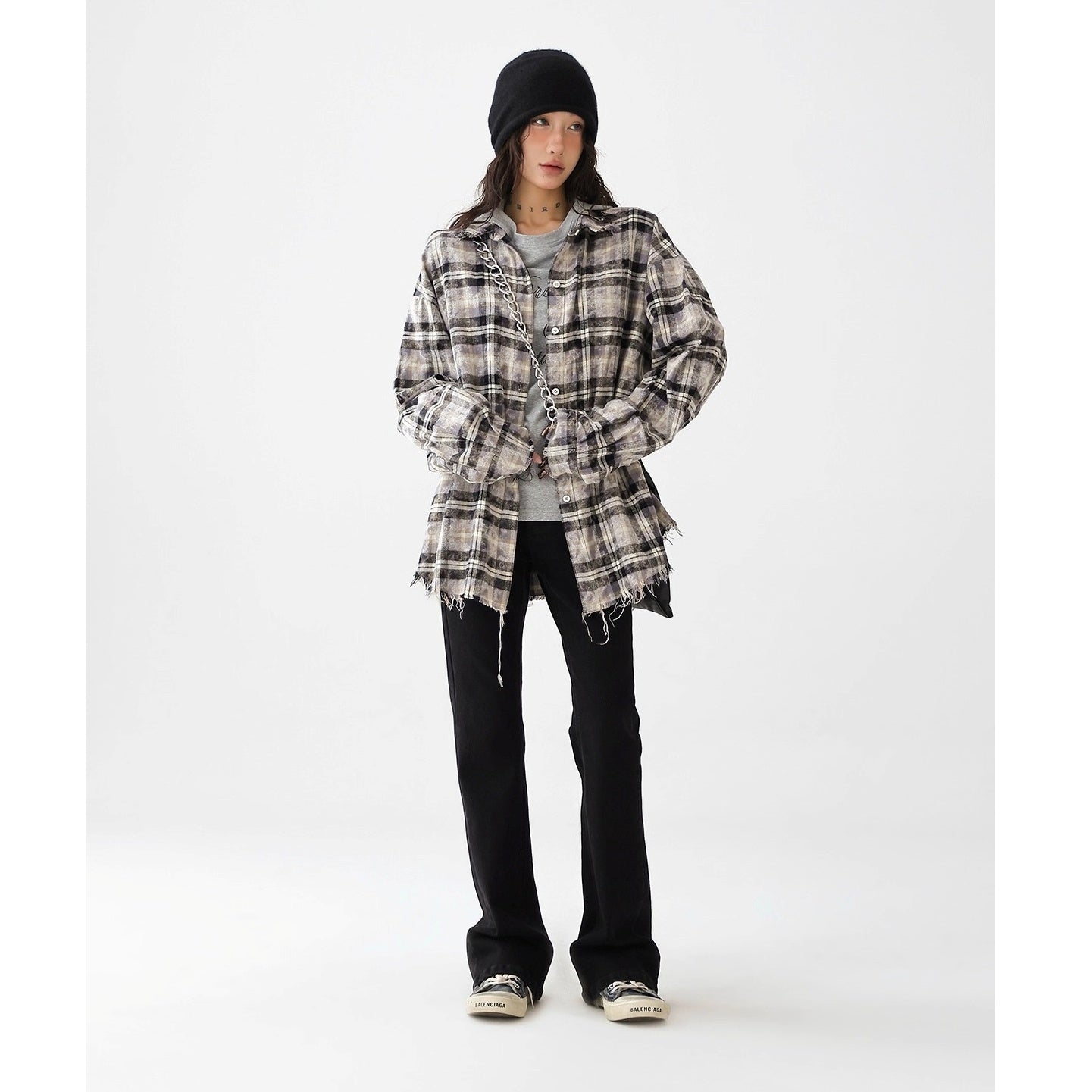 Plaid Frayed Brushed Loose Fringe Shirt AC7151