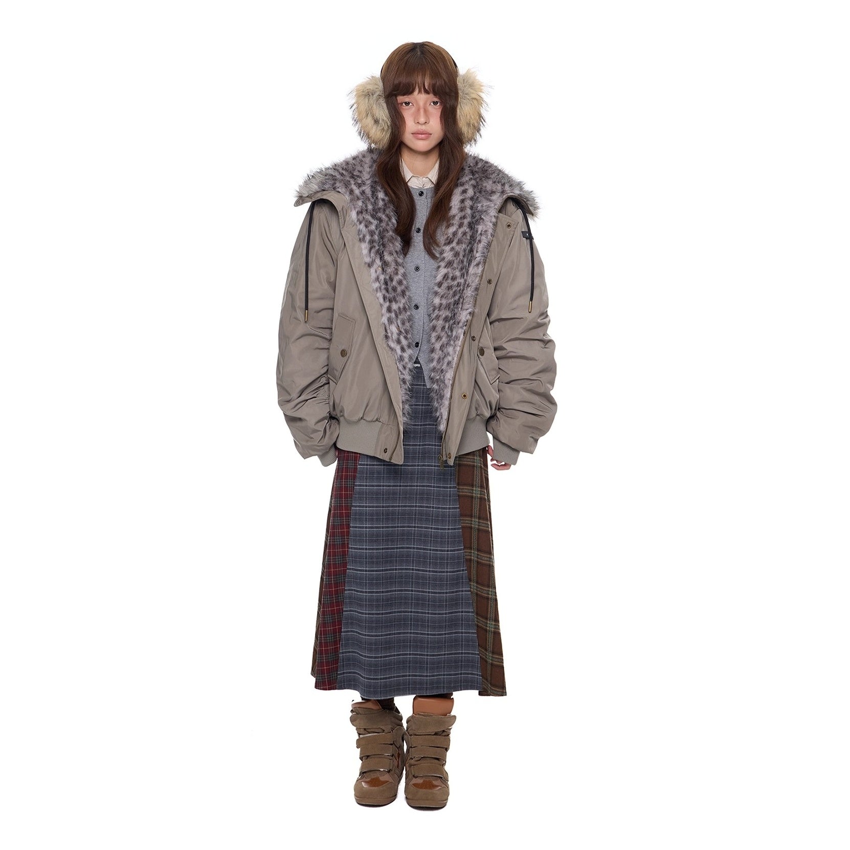 Leopard Liner Fur Short Hooded Jacket EZ273