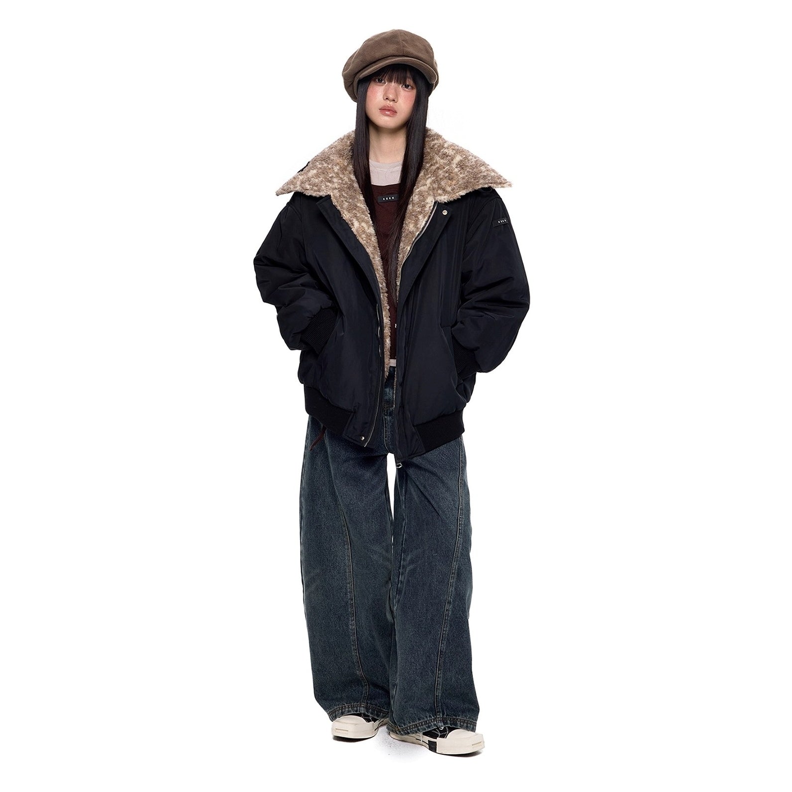 Fluffy Contrasting Lapels Reversible Jacket EZ283