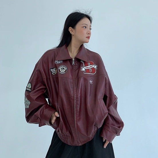 Vintage PU Leather Loose Embroidered Jacket OS2028