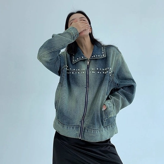 Pearl Bead Short Denim Jacket OS2030