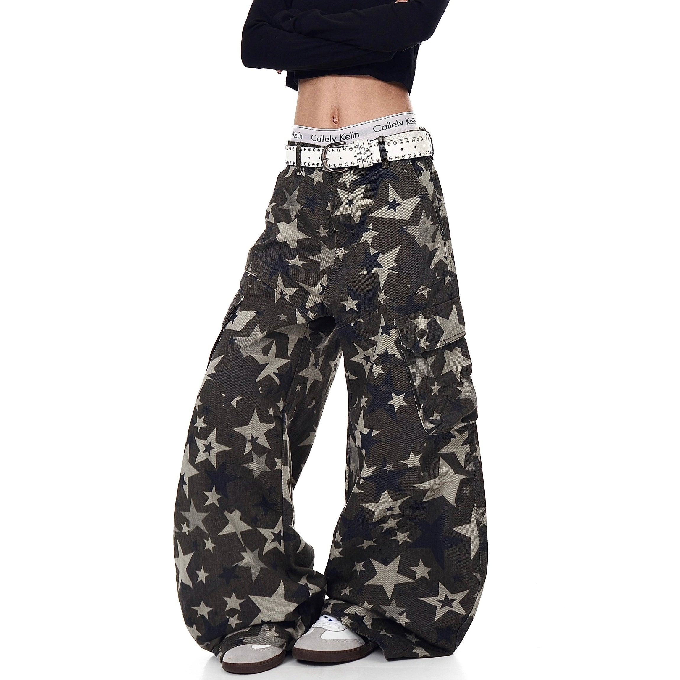 Star Camouflage Wide-Leg Cargo Curve Pants MW10274