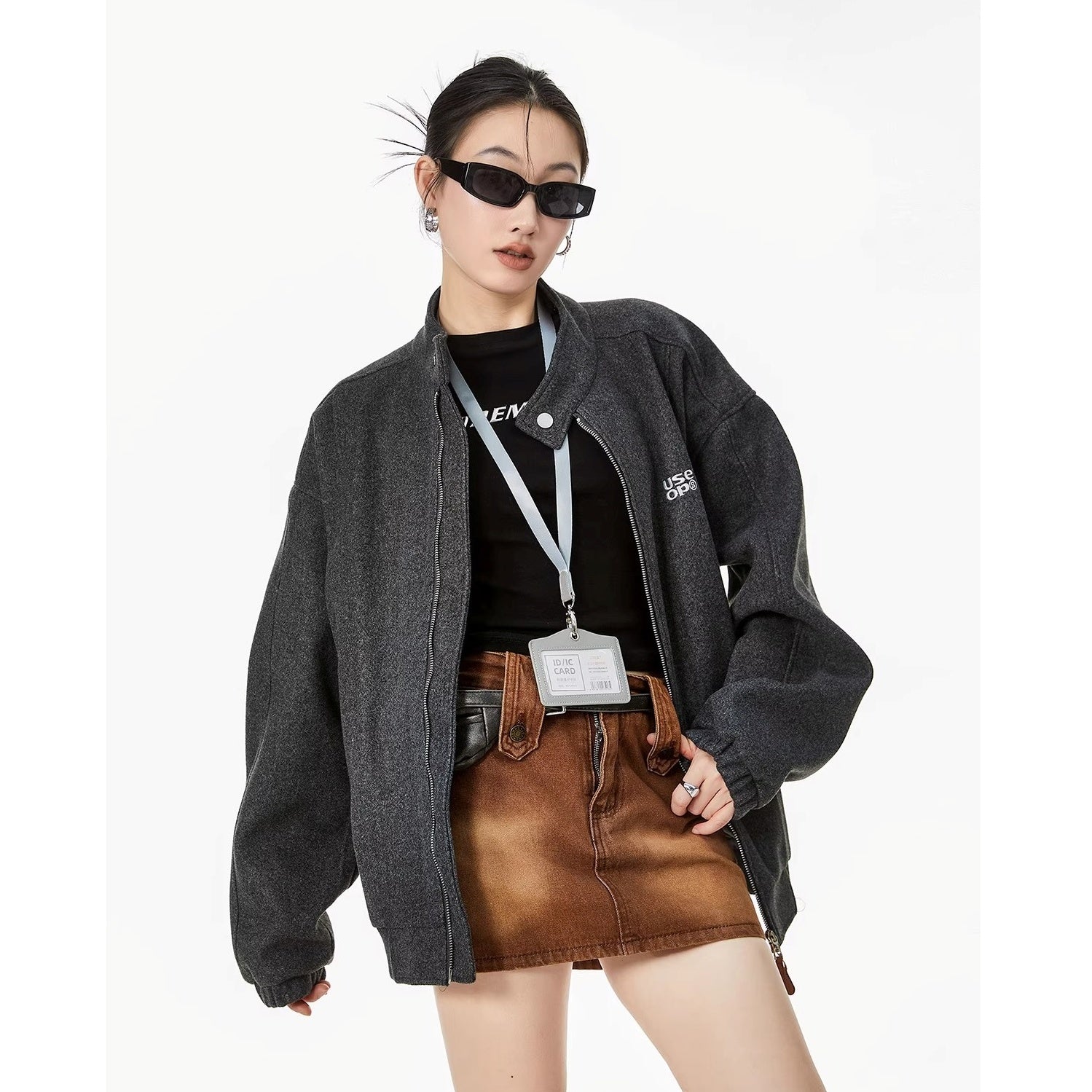Embroidered Stand Collar Zip Jacket IC9119