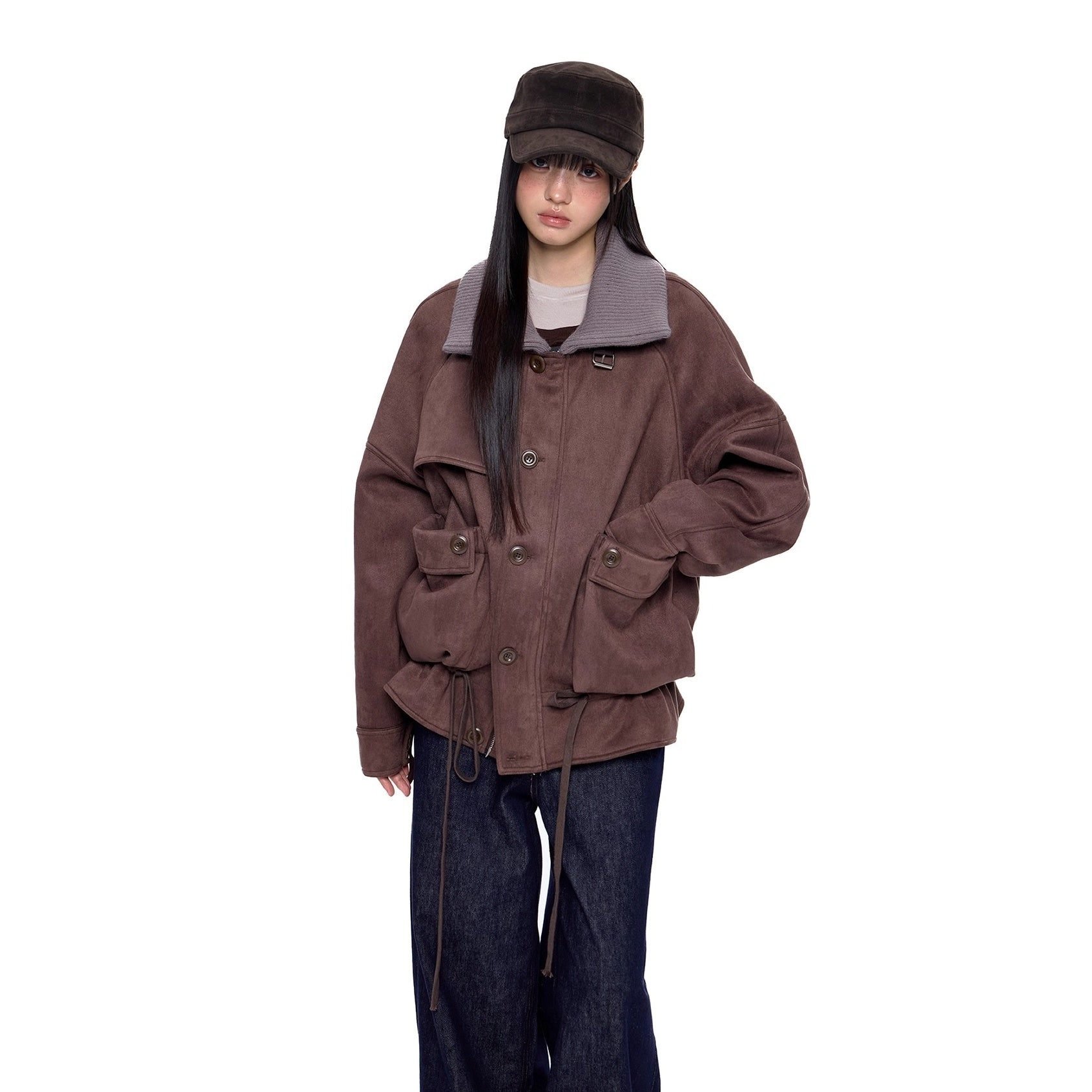 Knitted High Neck Drawstring Faux Suede Jacket EZ252