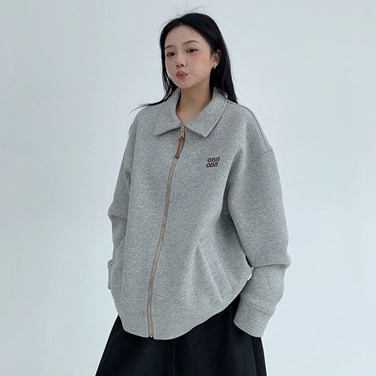 Drop Shoulder Embroidered Lapel Sweat Jacket OS2040