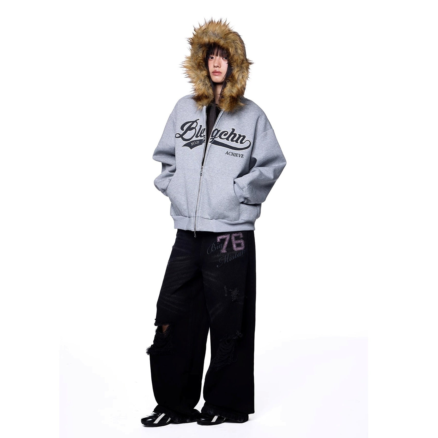 Monogram Embroidered Fur Collar Hooded Sweat Jacket EZ262