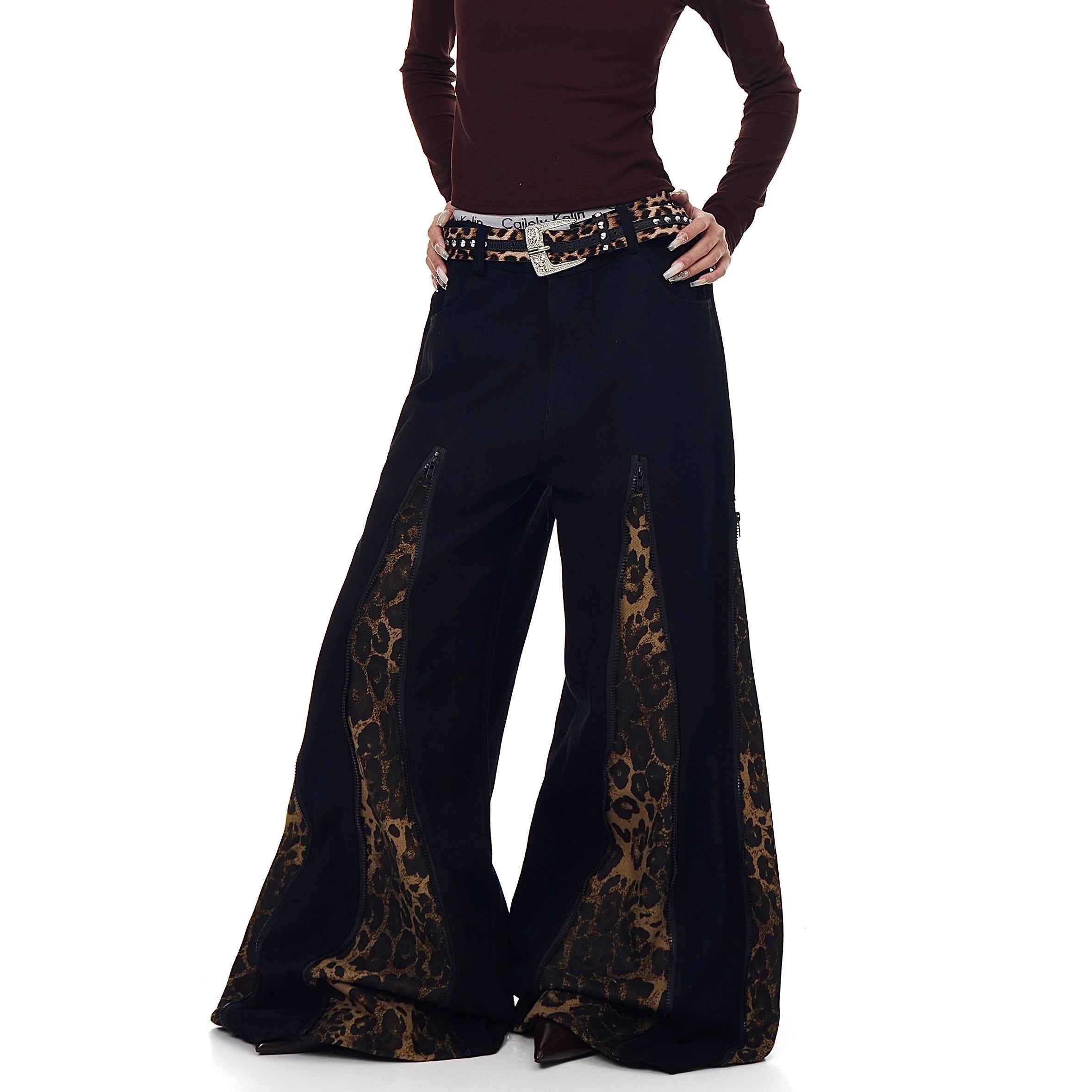 Zipper Stitch Leopard Patchwork Flare Jeans BK7019