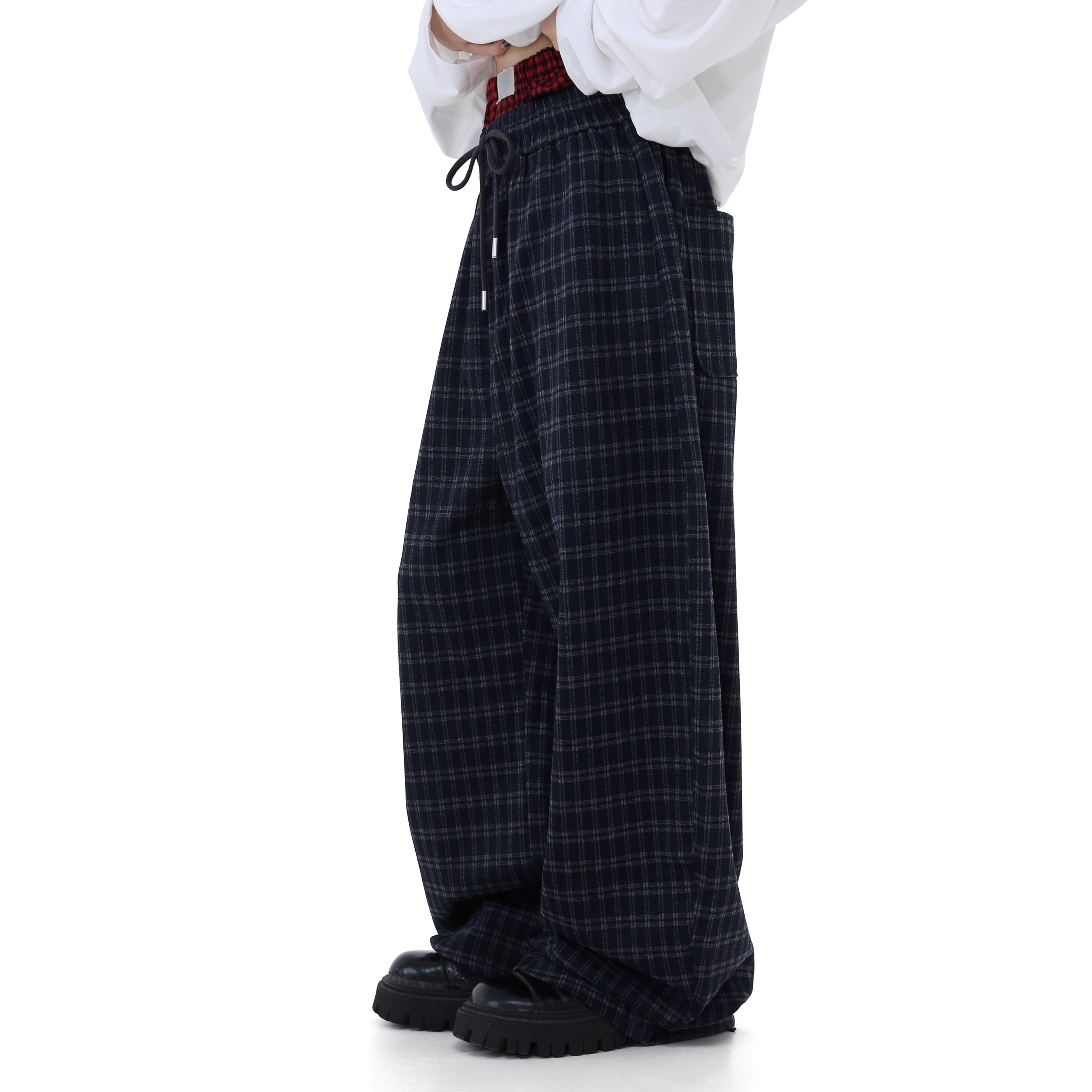 Elastic Waist Plaid Wide-leg Pants GB7038