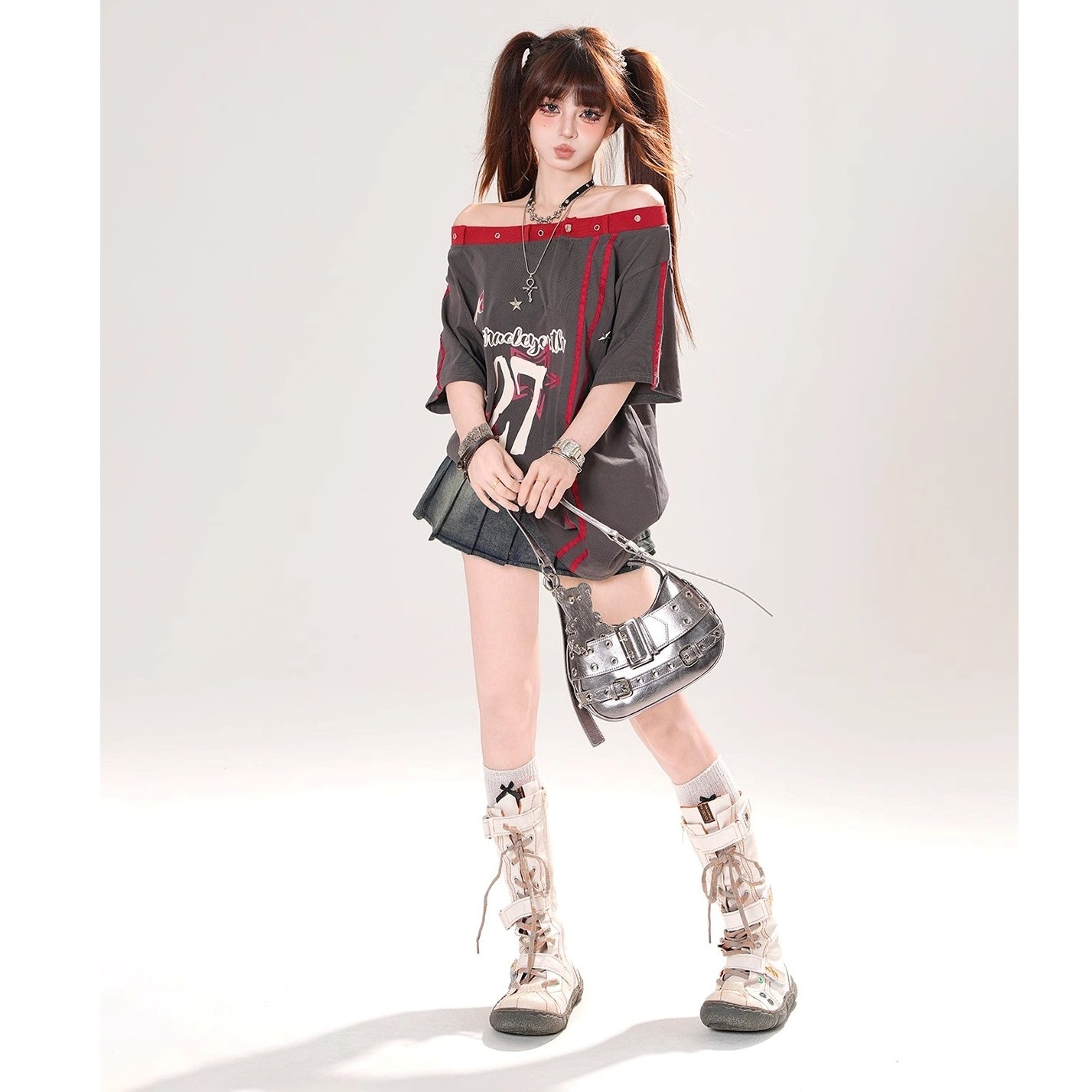 Off-Shoulder American Print T-Shirt KK2069