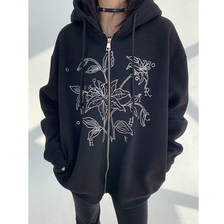 Flower Embroidered Loose Hooded Jacket OS2050