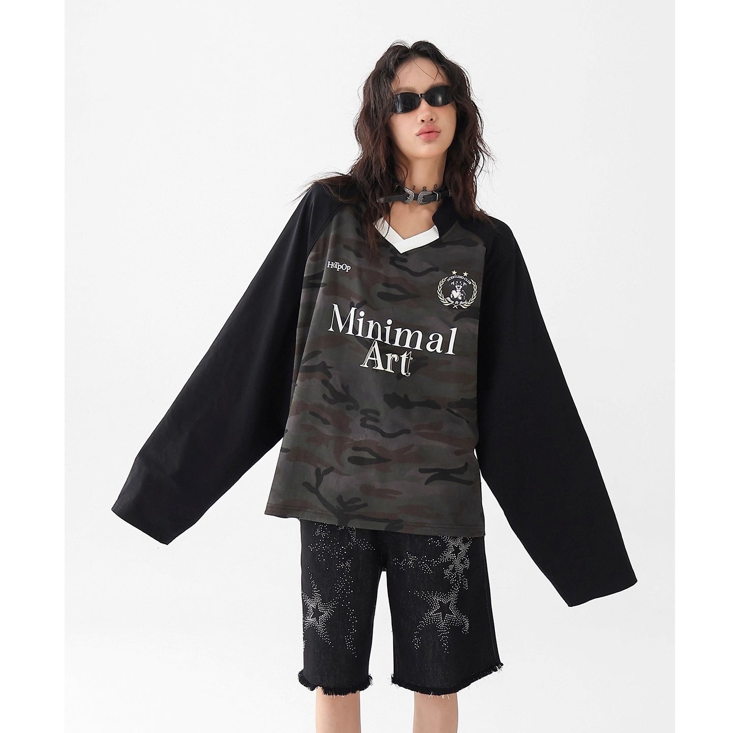 Camouflage Stitched V-Neck Long Sleeve T-Shirt AC7142