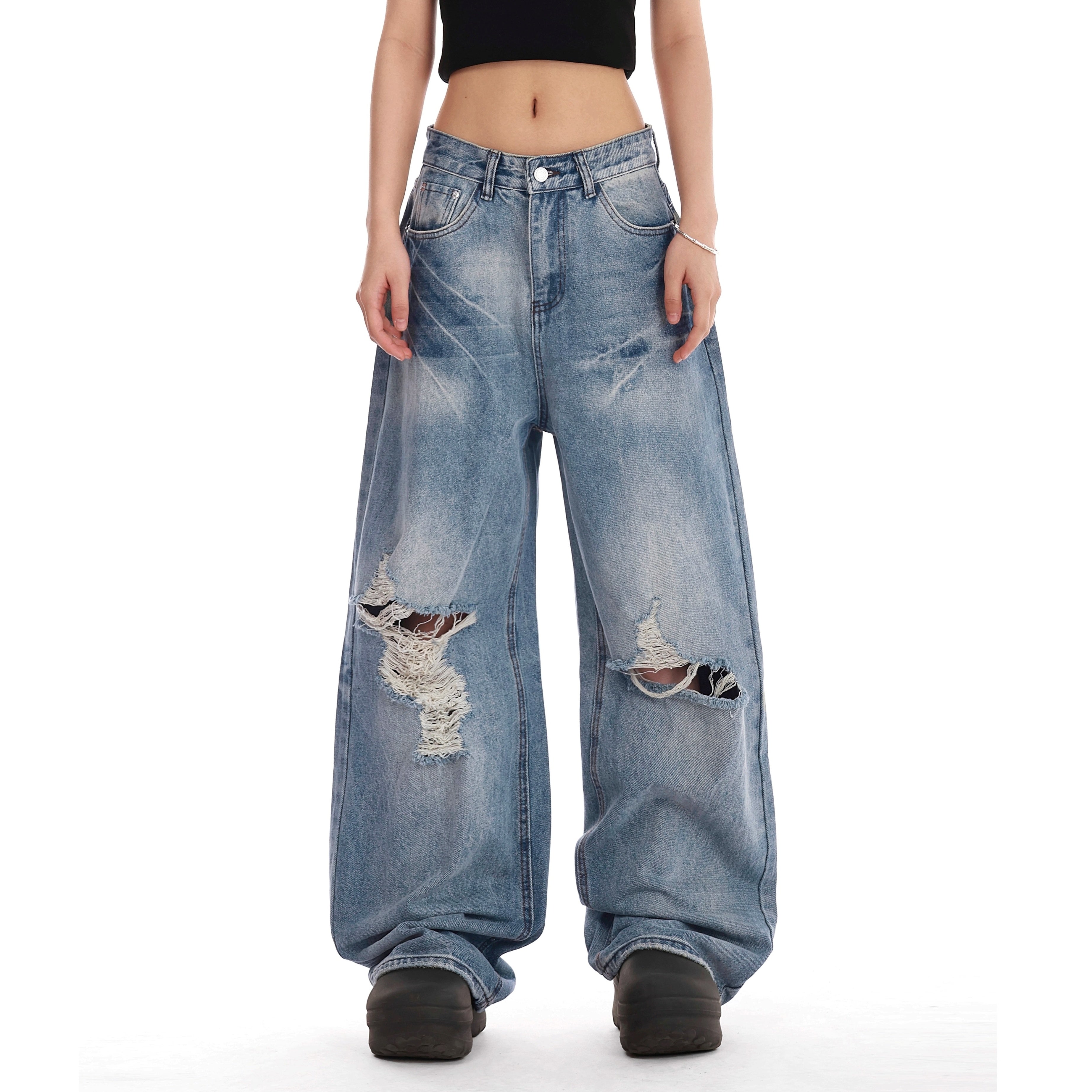 Retro Washed Embroidered Ripped Wide Jeans VI2007