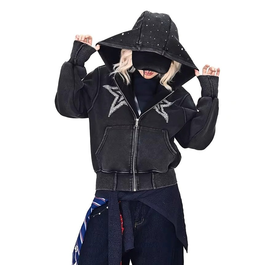 Rhinestone Star Decoration Hooded Parka MW10387