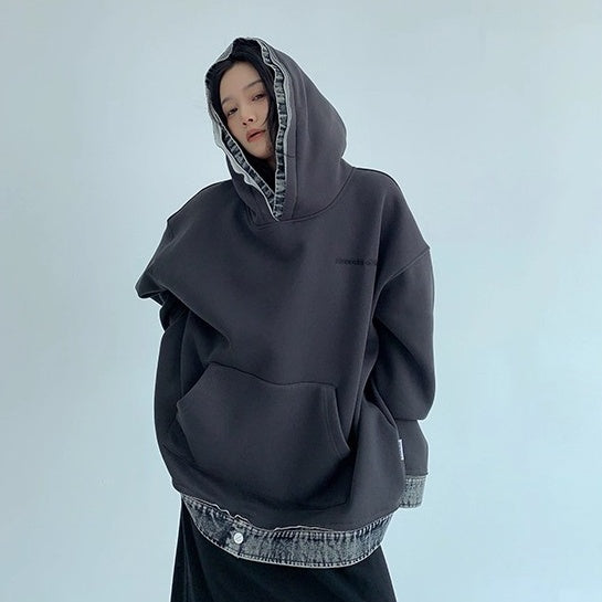 Contrasting Splicing Denim Hooded Sweat OS2056