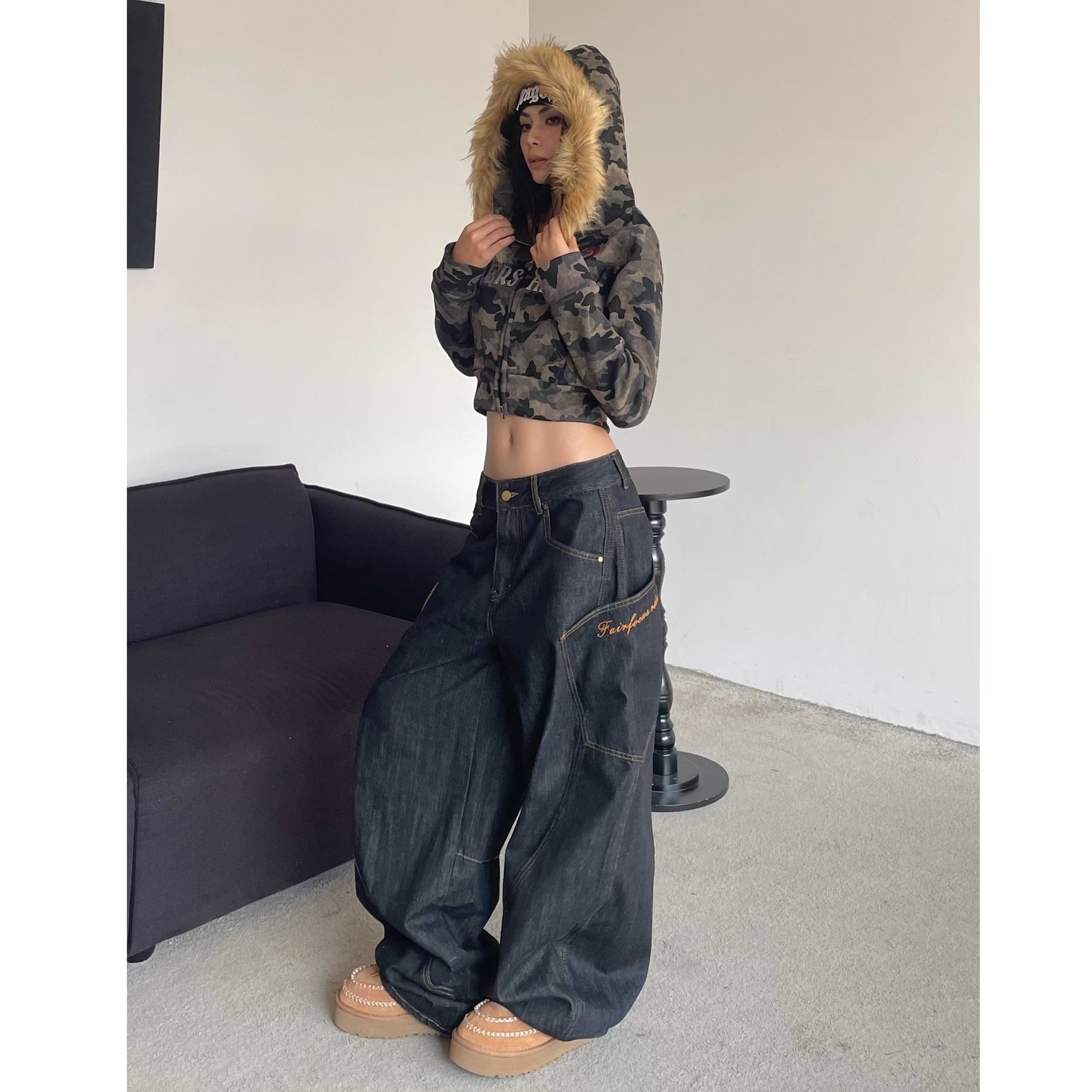 Fur Collar Camouflage Rhinestone Cropped Hoodie Parka MW10302