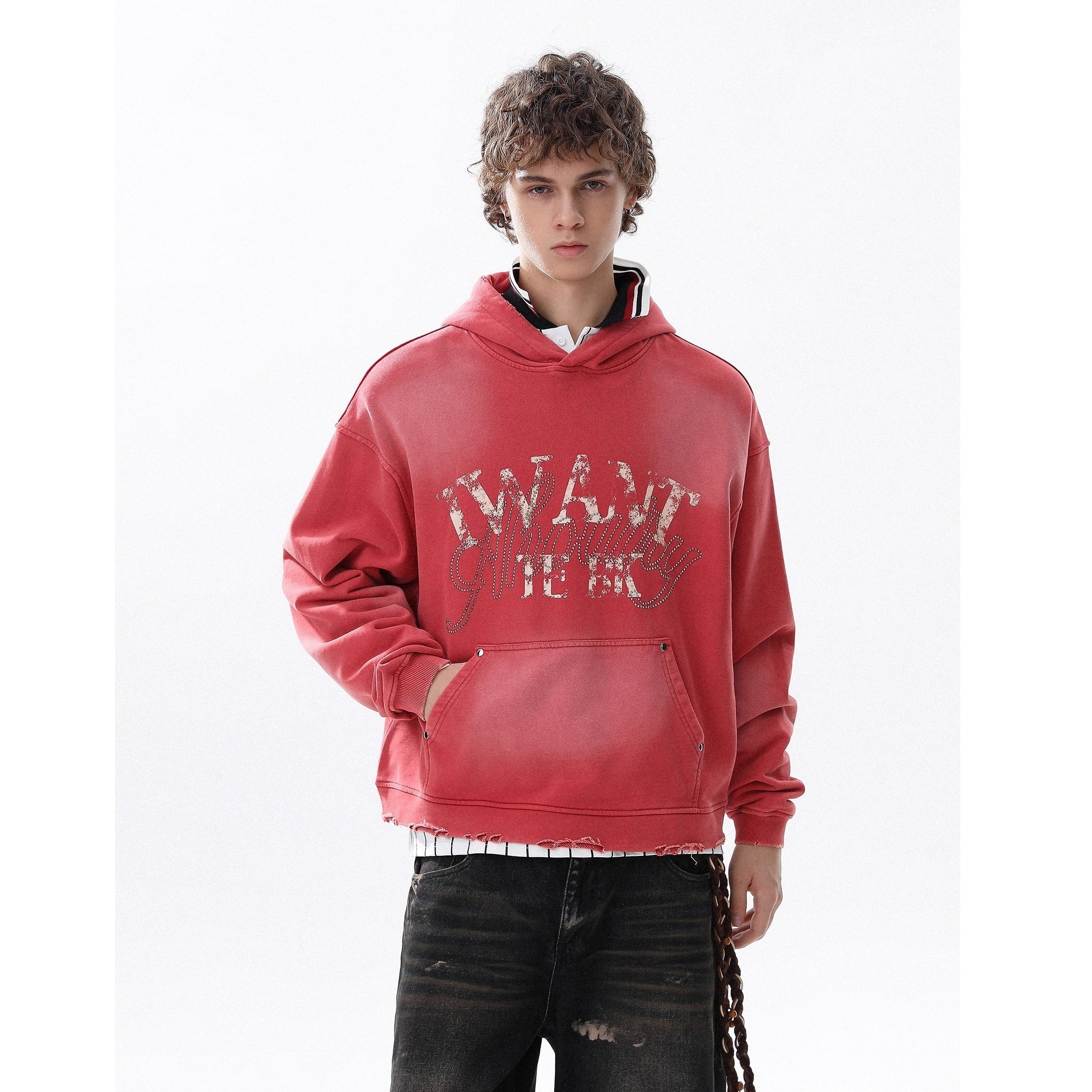 RhineStone Letter Print Damage Hoodie MR8025